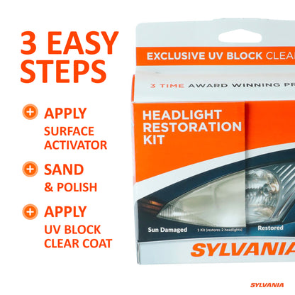 SYLVANIA - Headlight Restoration Kit - 3 Easy Steps to Restore Sun Damaged Headlights with Exclusive UV Block Clear Coat, Light Output and Beam Pattern Restored, Long Lasting Protection