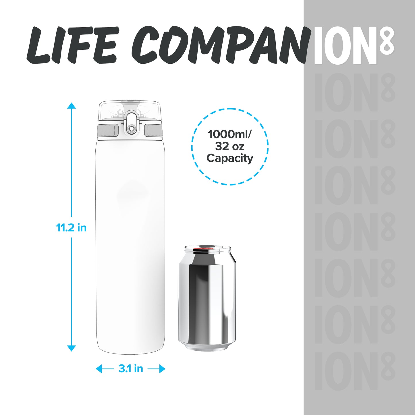 Ion8 Sport/Bike Water Bottle - Leakproof and BPA-free Water Bottle - Fits in Lunch Boxes, Handbags, Car Cup Holders, Backpacks, 34 oz/1000 ml (Pack of 1) - OneTouch 1.0 - Gray