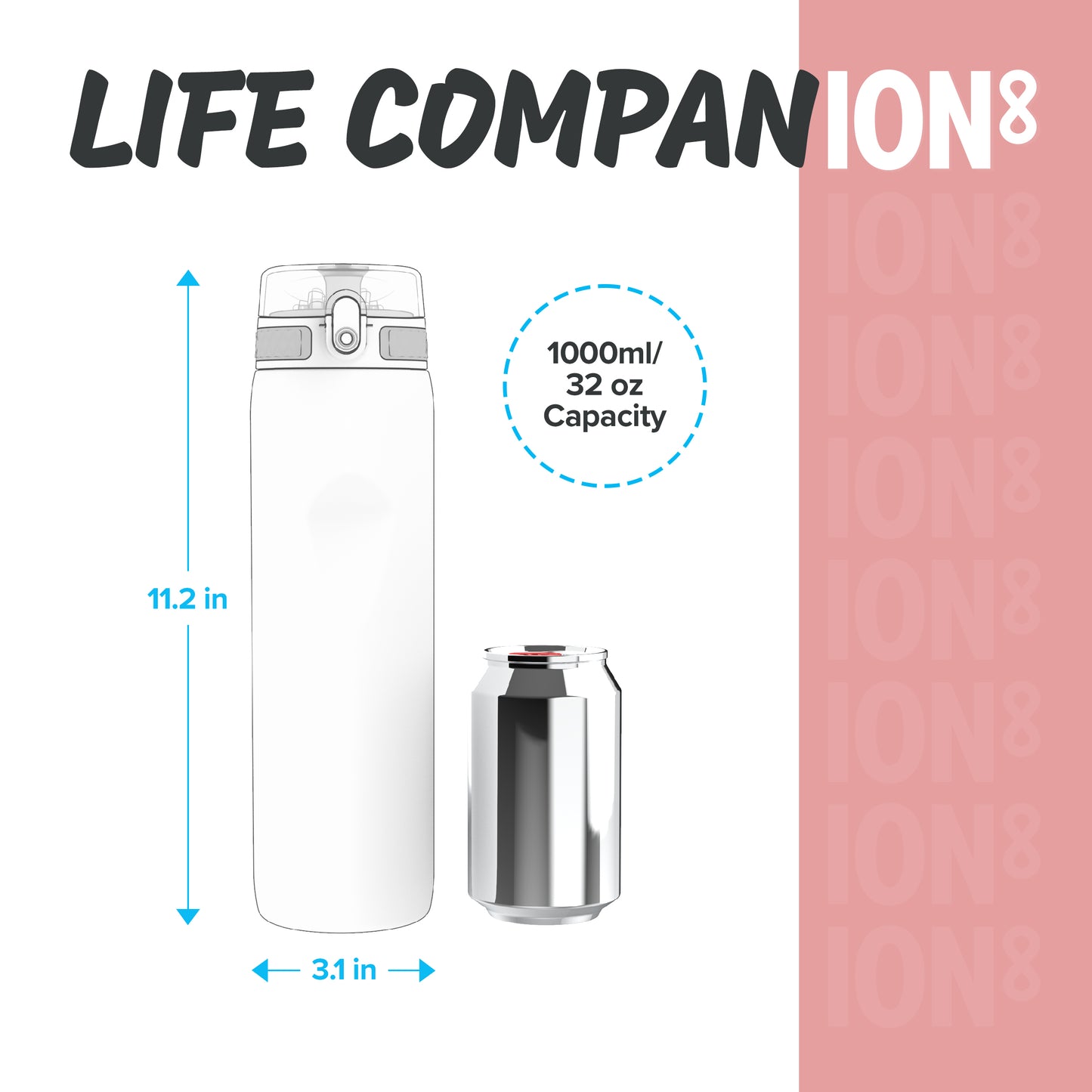 Ion8 Sport/Bike Water Bottle - Leakproof and BPA-free Water Bottle - Fits in Lunch Boxes, Handbags, Car Cup Holders, Backpacks, 34 oz/1000 ml (Pack of 1) - OneTouch 1.0 - Rose Quartz