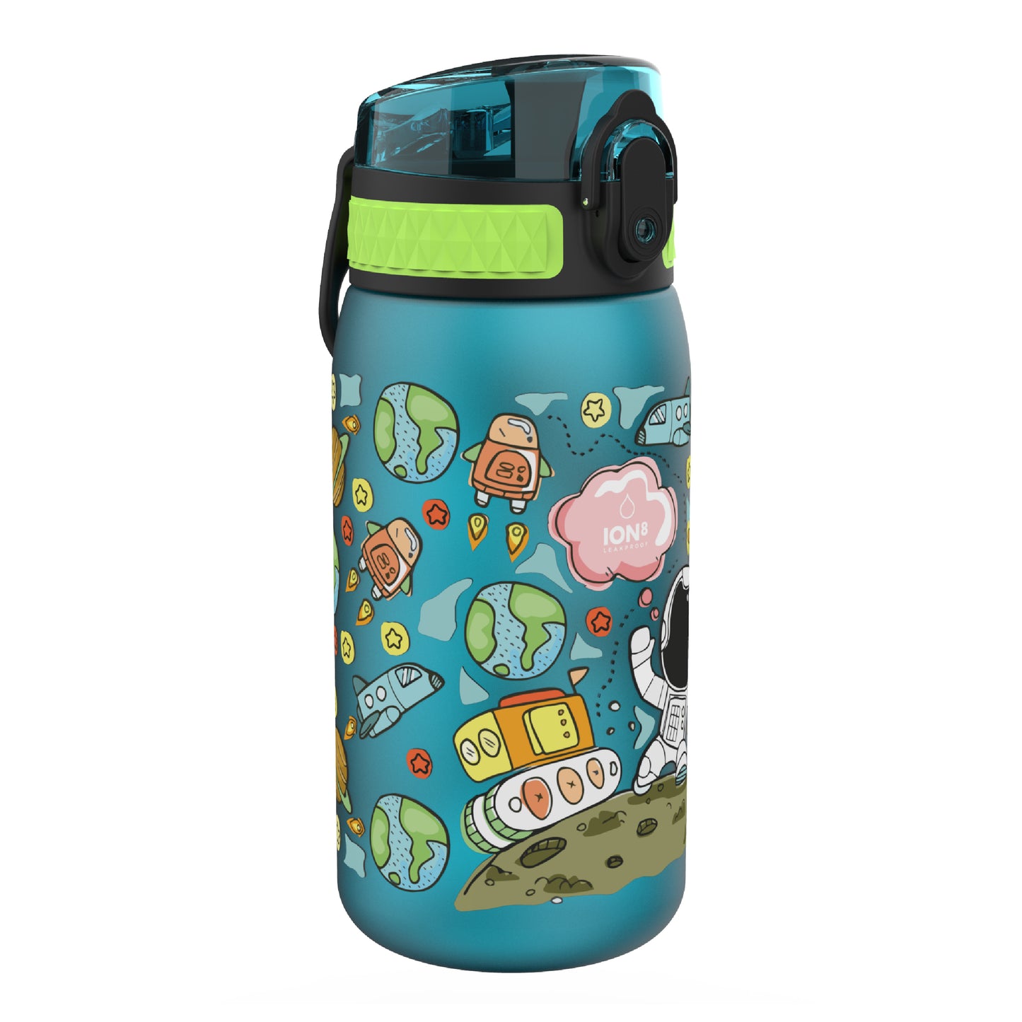 Ion8 Kid's One Touch On-The-Go Printed Water Bottle - Leakproof and BPA-Free Water Bottle - Fits Car Cup Holders and Kid's Backpacks 12 oz / 350 ml - Space