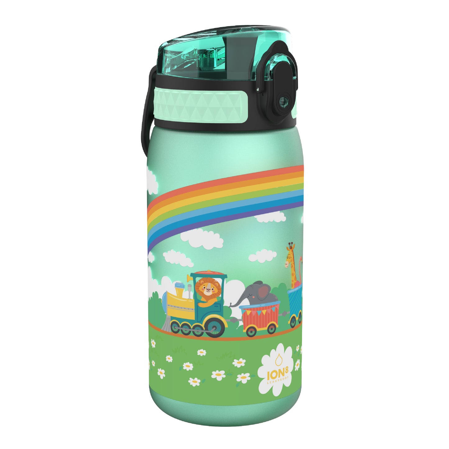 Ion8 Kid's One Touch On-The-Go Printed Water Bottle - Leakproof and BPA-Free Water Bottle - Fits Car Cup Holders and Kid's Backpacks 12 oz / 350 ml - Trains
