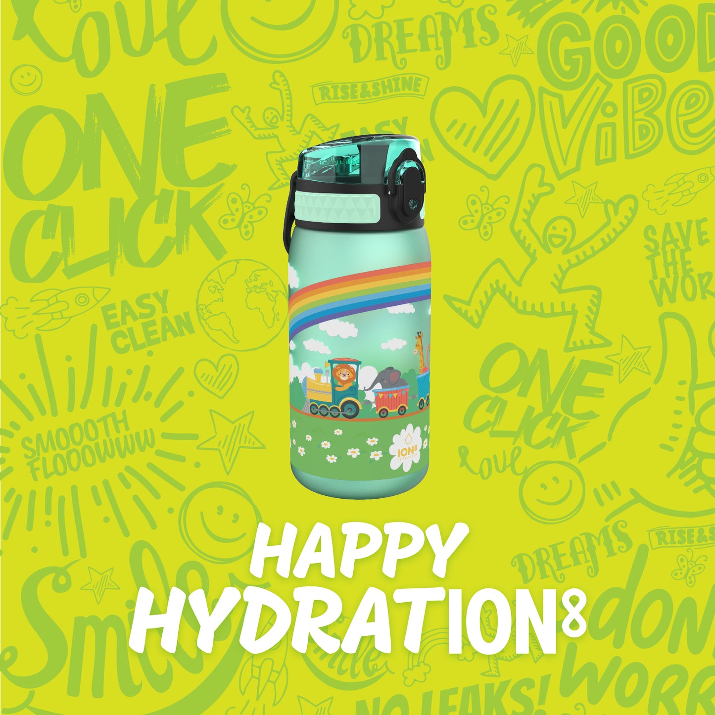 Ion8 Kid's One Touch On-The-Go Printed Water Bottle - Leakproof and BPA-Free Water Bottle - Fits Car Cup Holders and Kid's Backpacks 12 oz / 350 ml - Trains