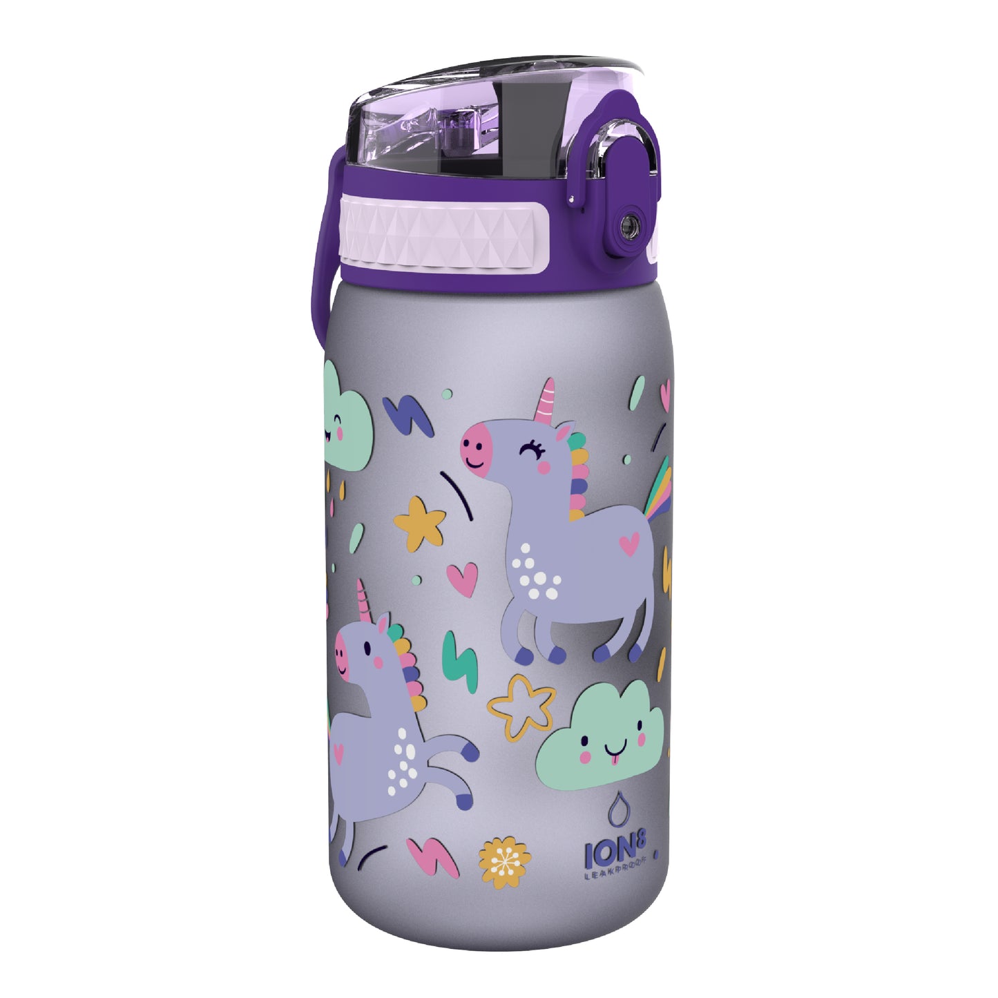 Ion8 Kid's One Touch On-The-Go Printed Water Bottle - Leakproof and BPA-Free Water Bottle - Fits Car Cup Holders and Kid's Backpacks 12 oz / 350 ml - Unicorns