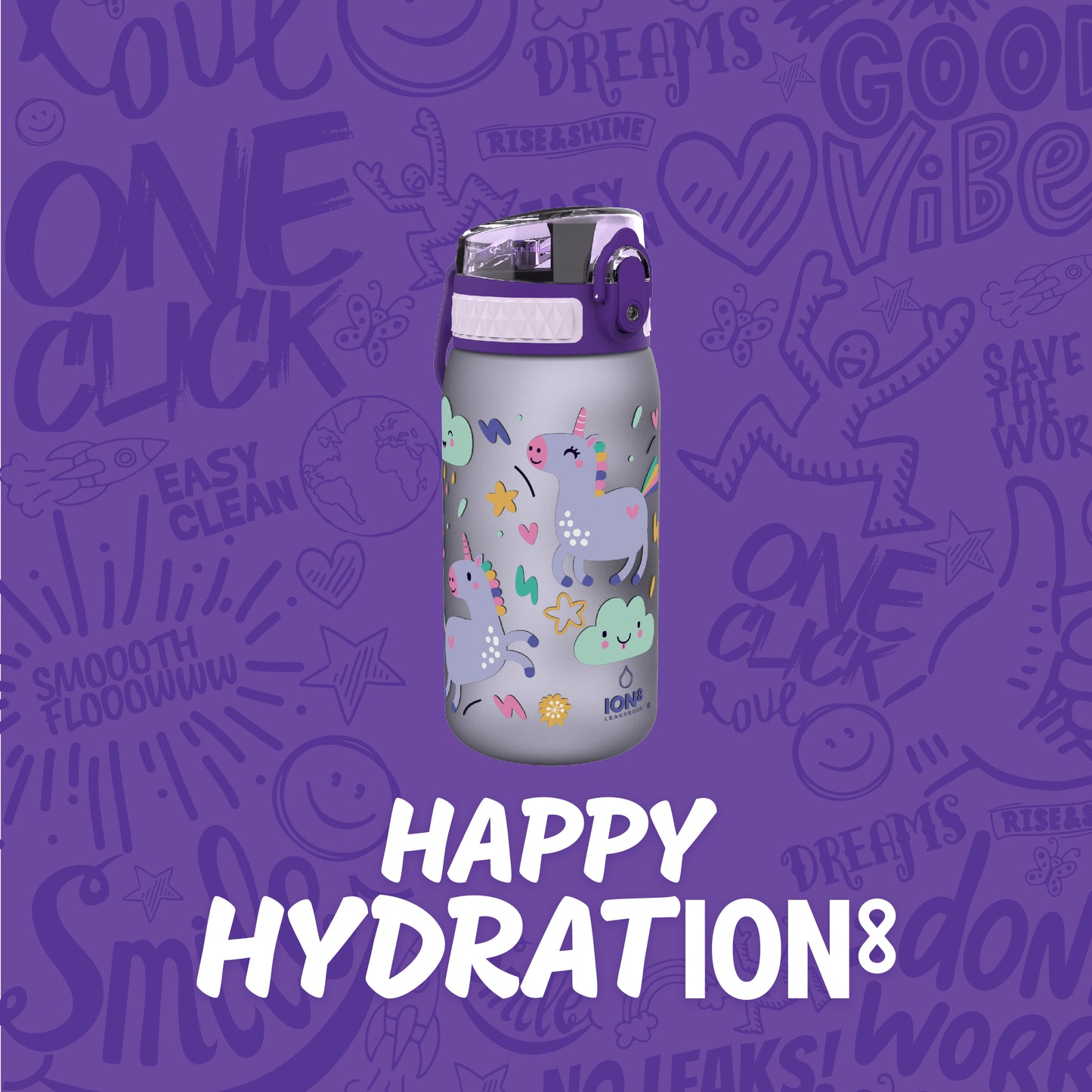 Ion8 Kid's One Touch On-The-Go Printed Water Bottle - Leakproof and BPA-Free Water Bottle - Fits Car Cup Holders and Kid's Backpacks 12 oz / 350 ml - Unicorns