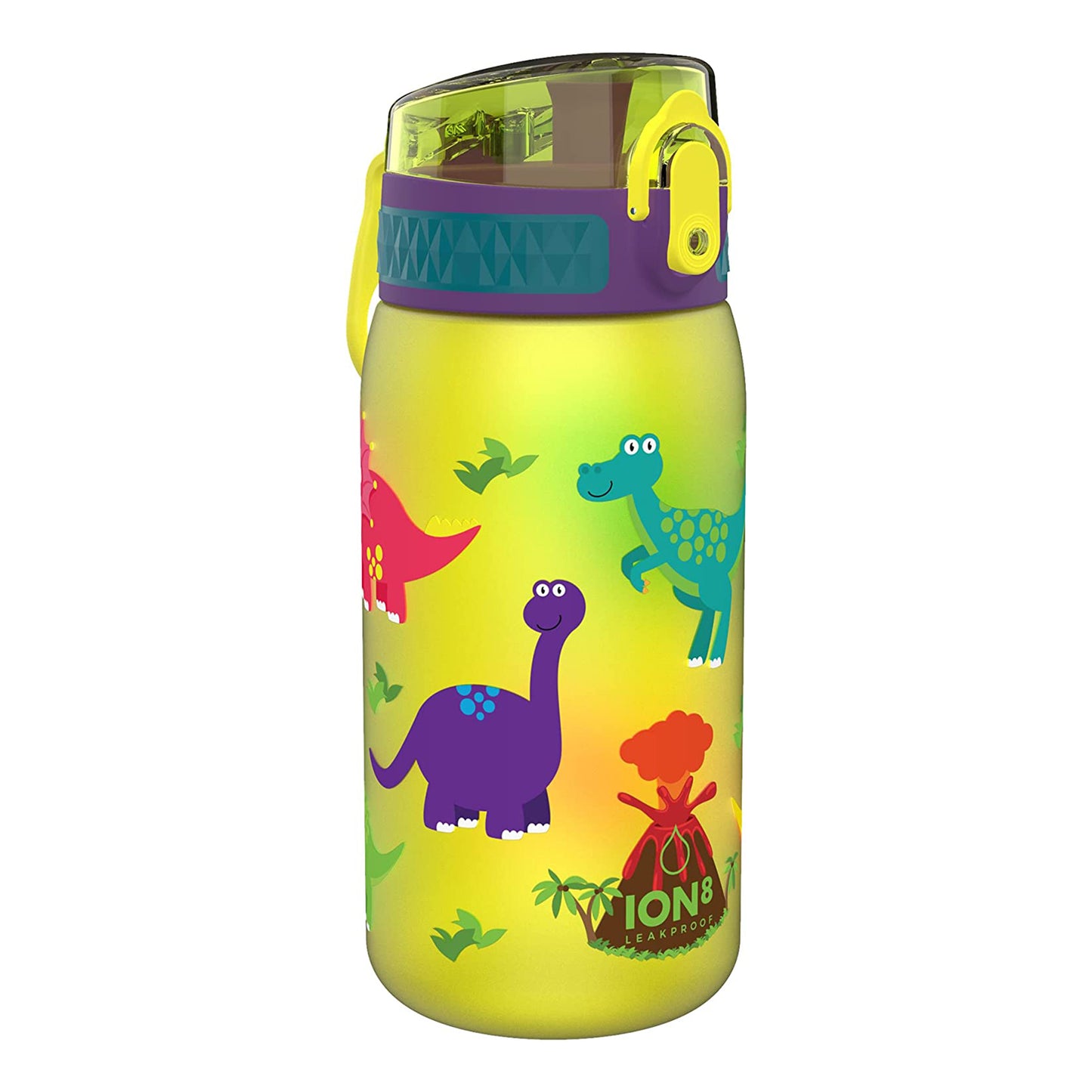 Ion8 Kid's One Touch On-The-Go Printed Water Bottle - Leakproof and BPA-Free Water Bottle - Fits Car Cup Holders and Kid's Backpacks 12 oz / 350 ml - Dinosaurs