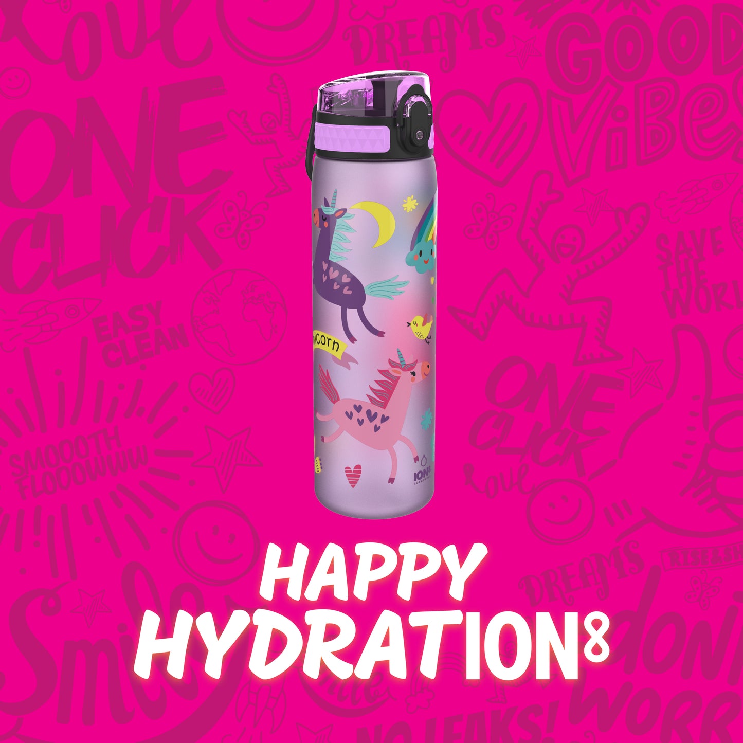 Ion8 Kid's One Touch On-The-Go Printed Water Bottle - Leakproof and BPA-Free Water Bottle - Fits Car Cup Holders and Kid's Backpacks 18 oz / 500 ml - Unicorns