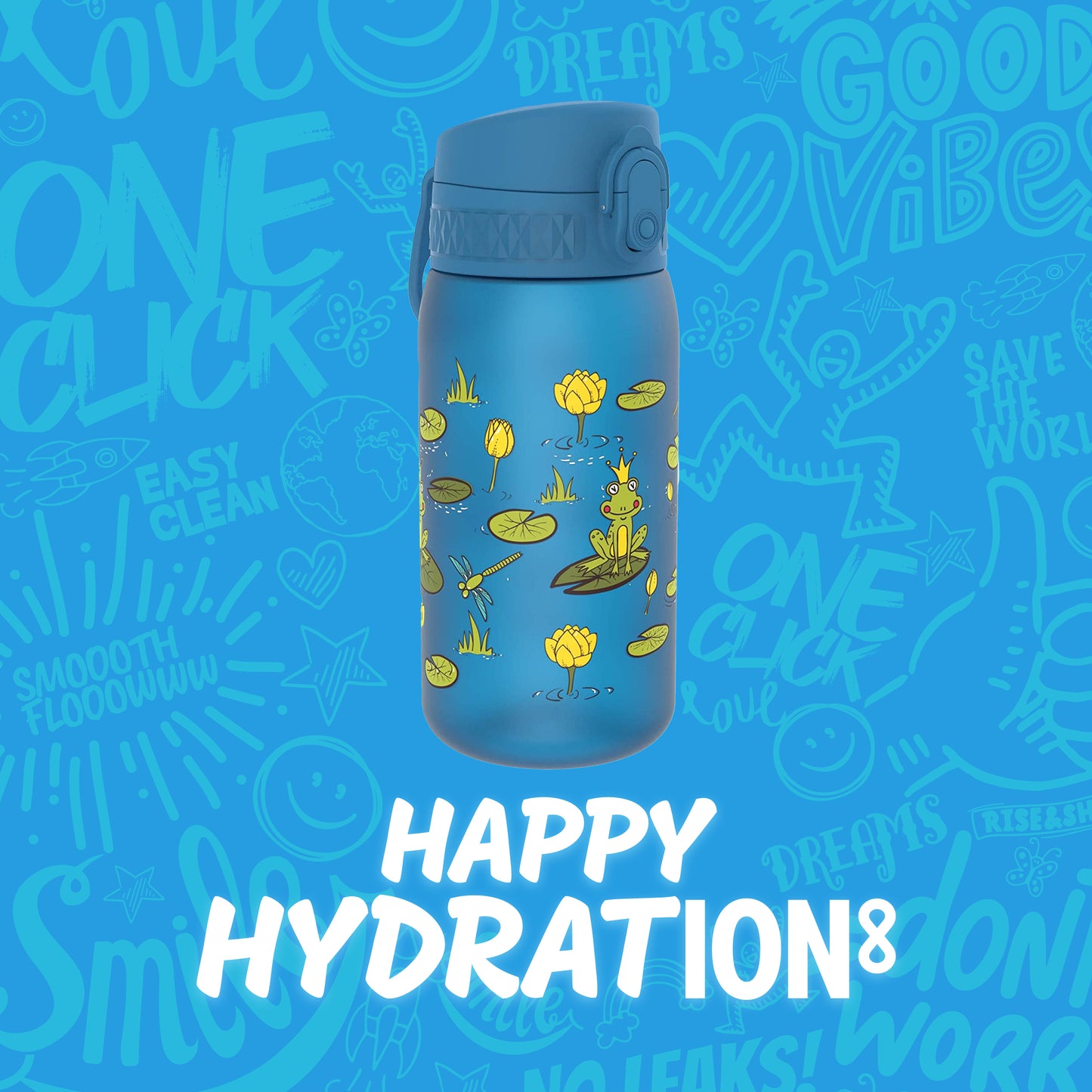 Ion8 Kid's One Touch On-The-Go Printed Water Bottle - Leakproof and BPA-Free Water Bottle - Fits Car Cup Holders and Kid's Backpacks 12 oz / 350 ml - Frogs