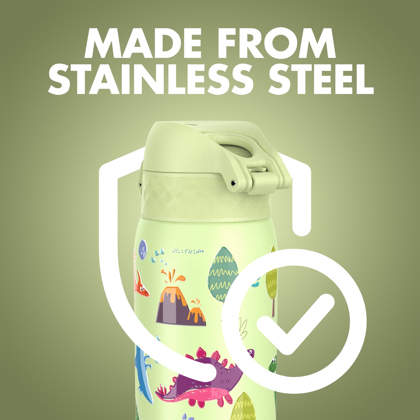 Ion8 Kid's Stainless Steel Water Bottle - Food-Safe and Odor Resistant - Fits Car Cup Holders, Backpack Pockets and More, 14 oz / 400 ml (Pack of 1) - Dinosaurs