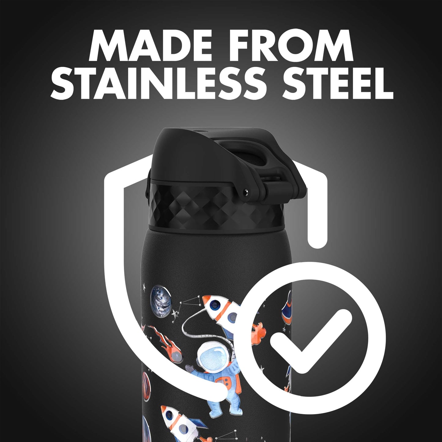 Ion8 Kid's Stainless Steel Water Bottle - Food-Safe and Odor Resistant - Fits Car Cup Holders, Backpack Pockets and More, 14 oz / 400 ml (Pack of 1) - Space