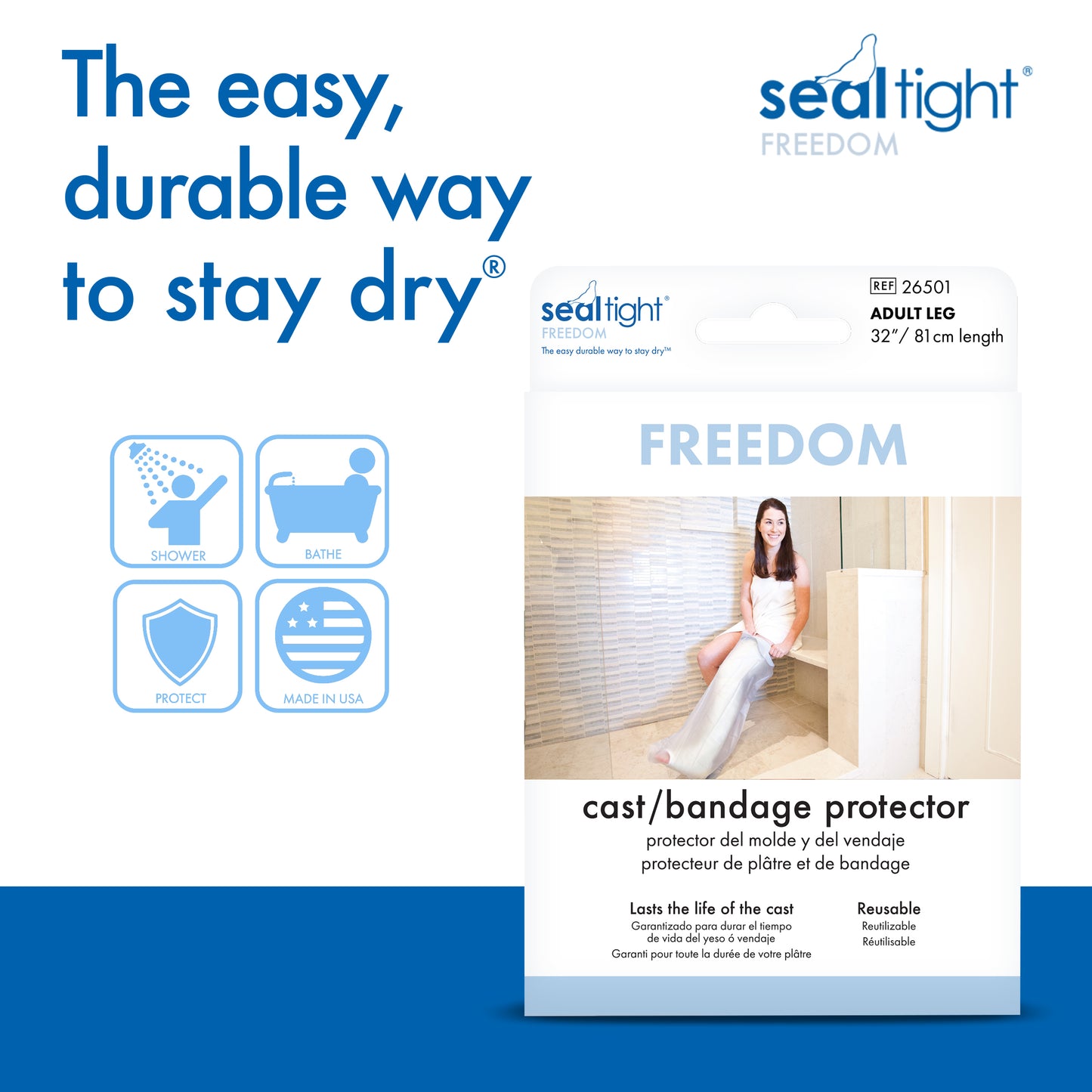 Brownmed Seal-Tight Adult Freedom Cast Protector ‚Äì Latex-Free Waterproof Cast and Wound Cover ‚Äì Leg Cast and Bandage Cover ‚Äì Easy to Use ‚Äì Durable and Reusable ‚Äì Lasts Life of Cast ‚Äì Made in USA