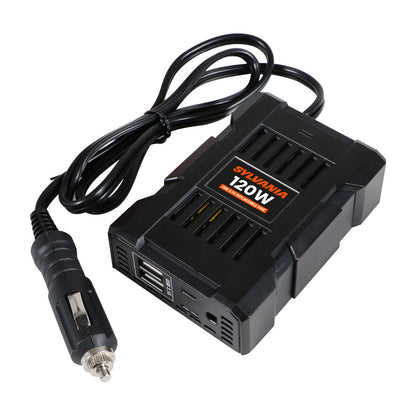 SYLVANIA - 120W Continuous / 240W Peak Power Inverter | DC 12V to 110V AC Power Car / RV Converter, 2 USB Ports 5V DC 3.1A Shared, Power / Fault LED Indicator, 12V Plug with Replaceable Fuse