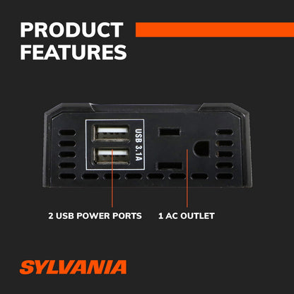 SYLVANIA - 120W Continuous / 240W Peak Power Inverter | DC 12V to 110V AC Power Car / RV Converter, 2 USB Ports 5V DC 3.1A Shared, Power / Fault LED Indicator, 12V Plug with Replaceable Fuse