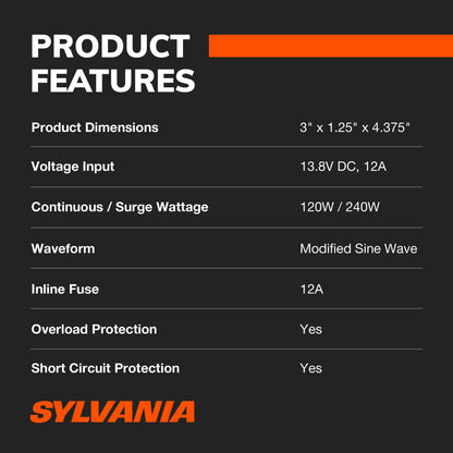SYLVANIA - 120W Continuous / 240W Peak Power Inverter | DC 12V to 110V AC Power Car / RV Converter, 2 USB Ports 5V DC 3.1A Shared, Power / Fault LED Indicator, 12V Plug with Replaceable Fuse