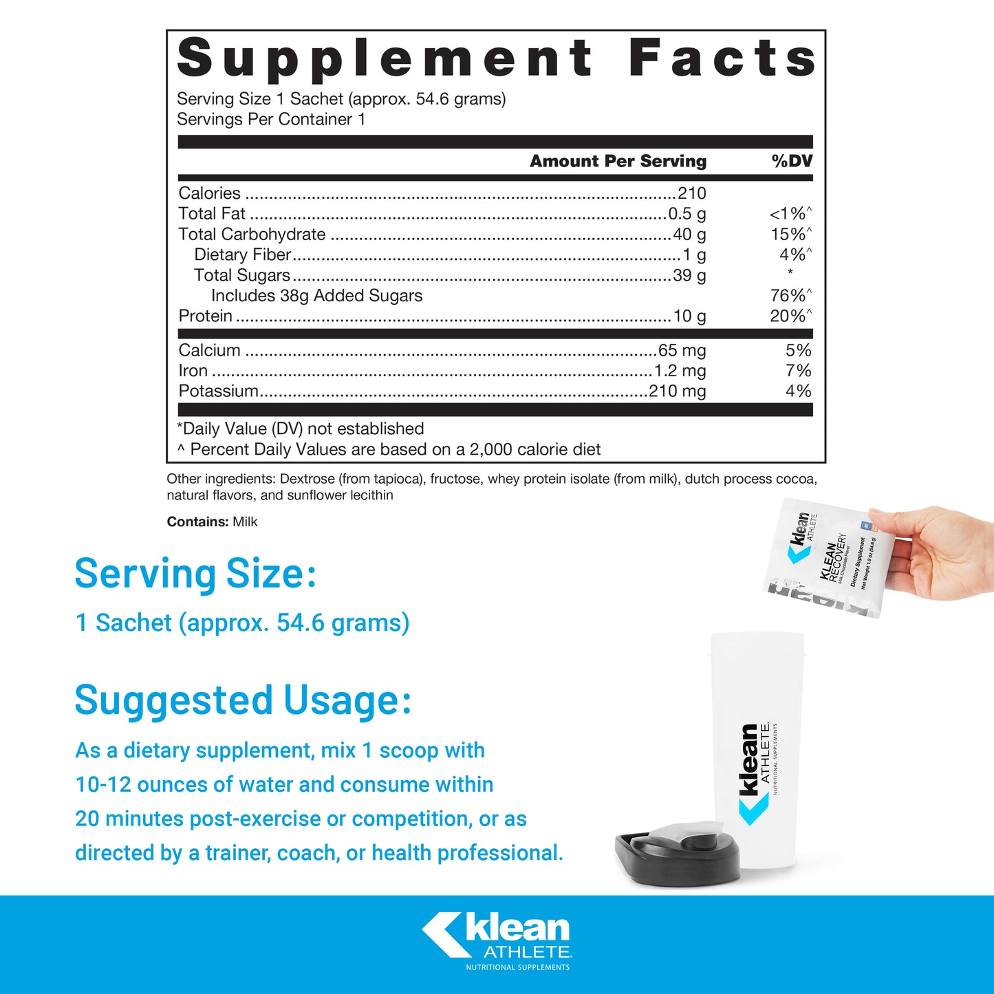 Klean Athlete Klean Recovery | Optimizes Muscle Recovery After Exercise | NSF Certified for Sport | 10 Sachets | Milk Chocolate Flavor