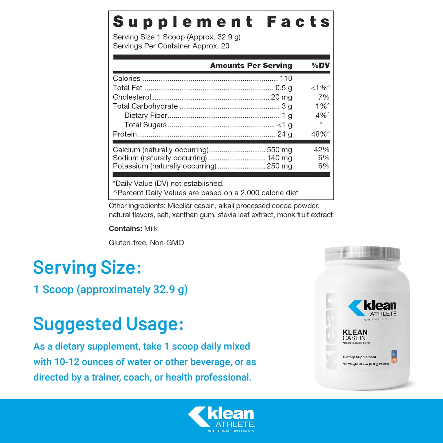 Klean Athlete | Klean Casein Protein | Designed to Help With Recovery and Reduce Muscle Breakdown.* | NSF Certified for Sport | 658 Grams Powder | Natural Chocolate Flavor