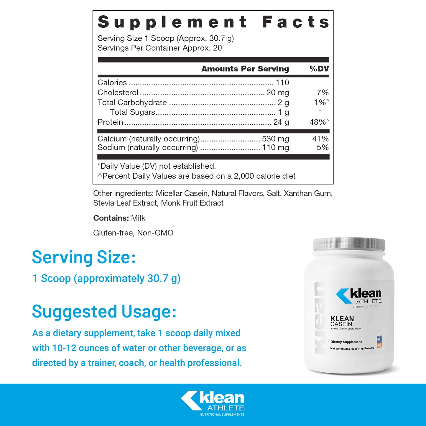 Klean Athlete | Klean Casein Protein | Designed to Help With Recovery and Reduce Muscle Breakdown.* | NSF Certified for Sport | 614 Grams Powder | Natural Vanilla Custard Flavor