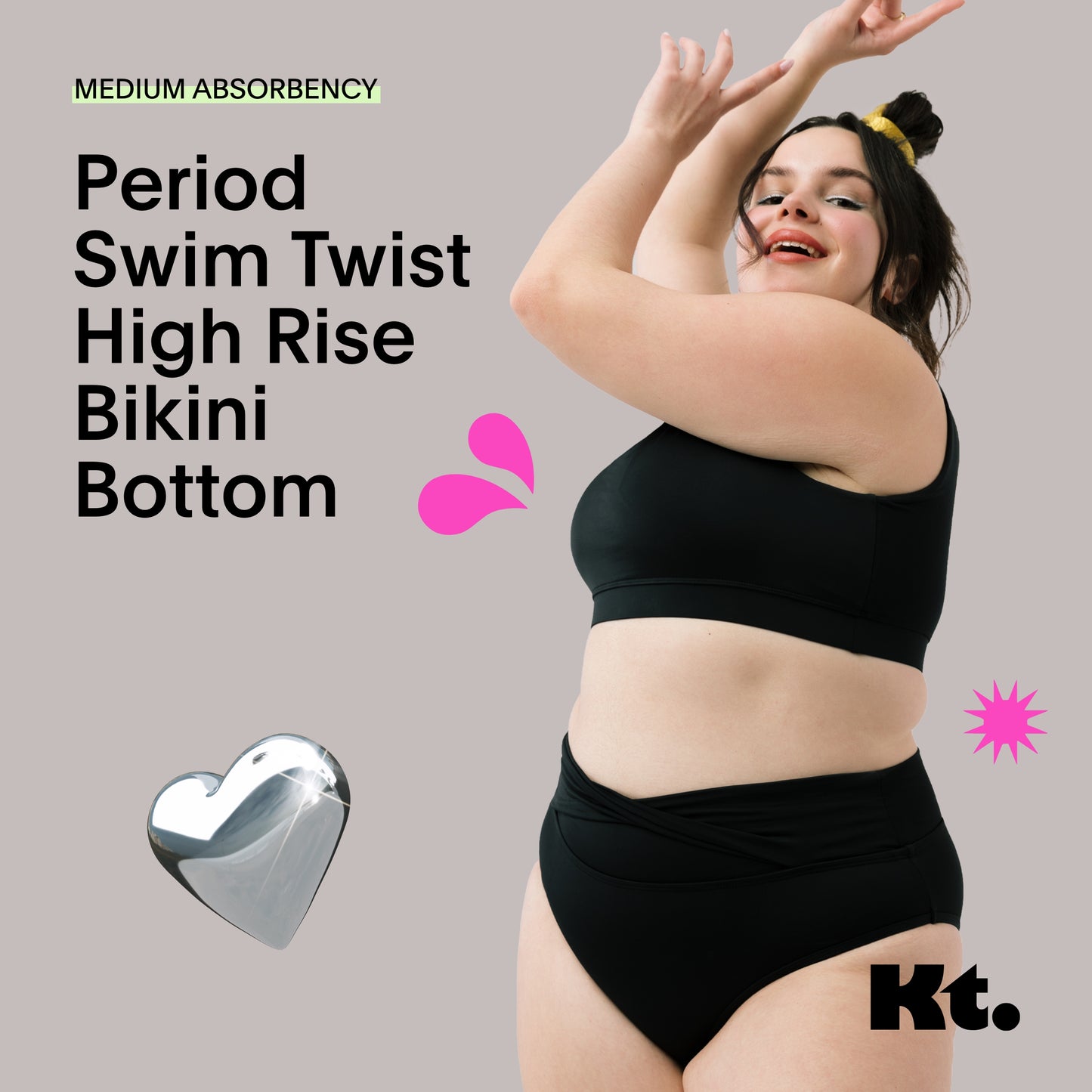 Kt Teen by Knix Period Swim Twist High Rise Bikini Bottom - Period Swimwear for Teens - Black, XXS (1 Pack)
