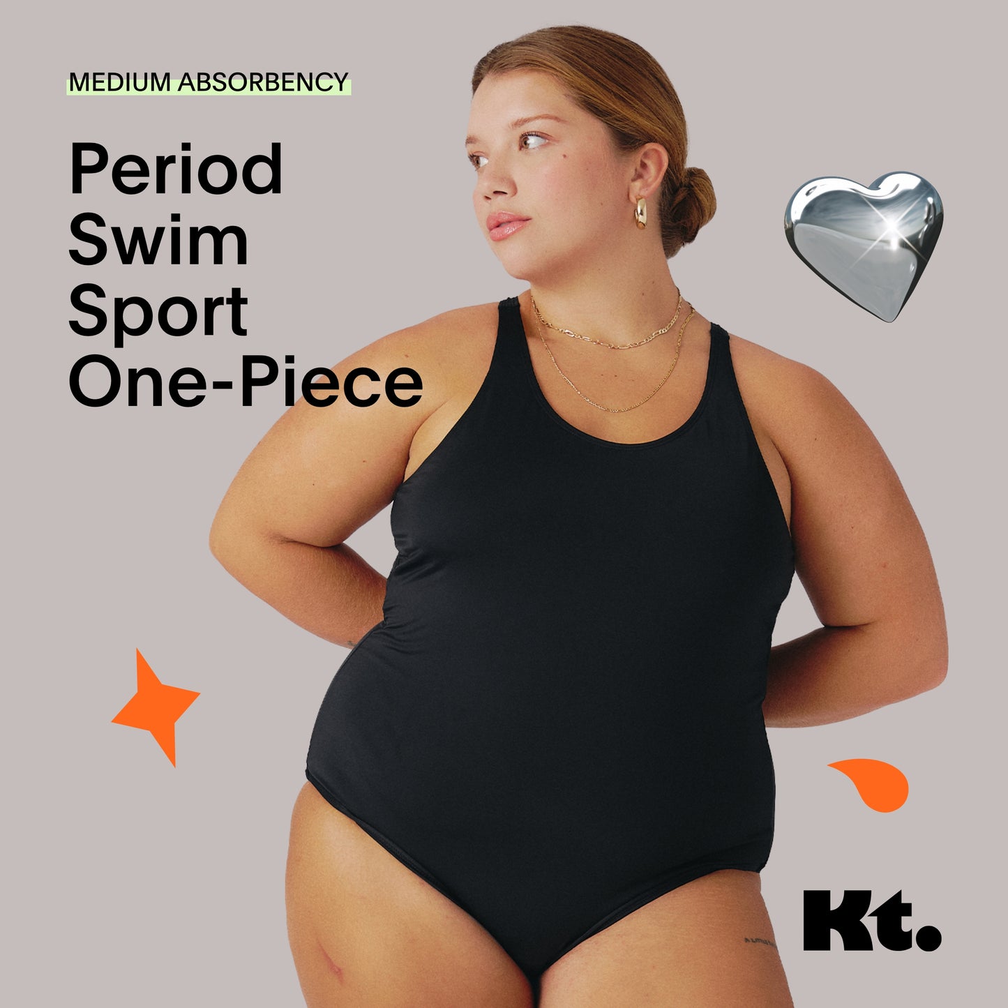 Kt Teen by Knix Period Swim Sport One-Piece - Period Swimwear for Teens - Black, L (1 Pack)
