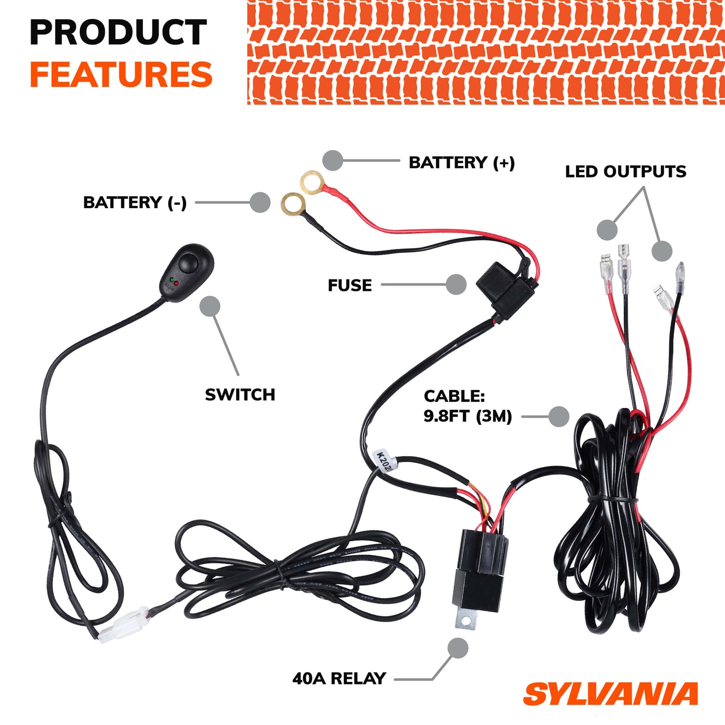 SYLVANIA Two Light Output LED Wiring Harness - 12V On Off Switch Power Relay, Blade Fuse, Power Two Light Sources, Off Road Lights, LED Work Light, for Truck, Boat, ATV, UTV, SUV, 4x4 (1 PC)