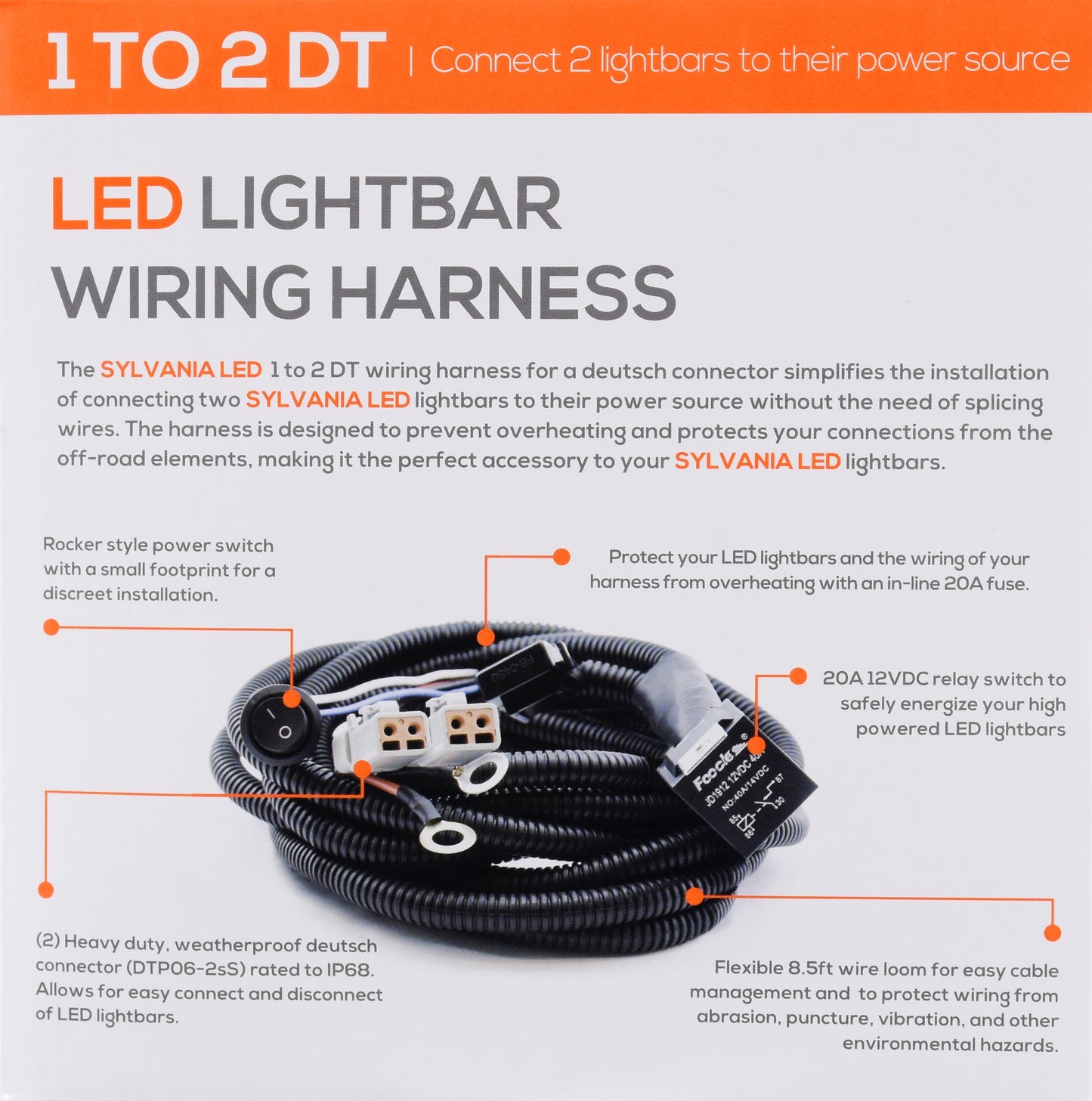 SYLVANIA - LED Light Bar Wiring Harness Kit - Weatherproof Deutsch Connectors, 12V On Off Switch Power Relay Blade Fuse Off Road Lights LED Work Light, Spot Flood Combo, 2 Lightbars (1PC)