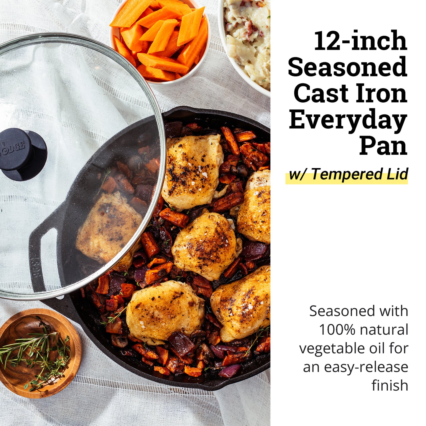 Lodge Chef Collection 12 In Cast Iron Everyday Chef Pan with Tempered Glass Lid. A Kitchen Staple Seasoned for Saut√©ing, Stir Frying, Broiling, Grilling. Made from Quality Materials to Last a Lifetime
