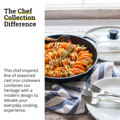 Lodge Chef Collection 12 In Cast Iron Everyday Chef Pan with Tempered Glass Lid. A Kitchen Staple Seasoned for Saut√©ing, Stir Frying, Broiling, Grilling. Made from Quality Materials to Last a Lifetime