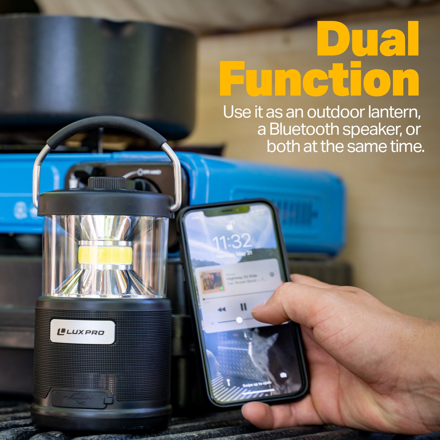 LUXPRO Bright 572 Lumen Rechargeable Bluetooth Speaker Lantern with Device Charging Port