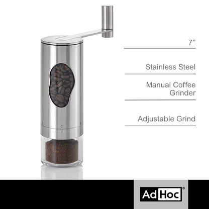 AdHoc 7" Manual Coffee Burr Grinder with Adjustable Coarsness Settings, Stainless Steel