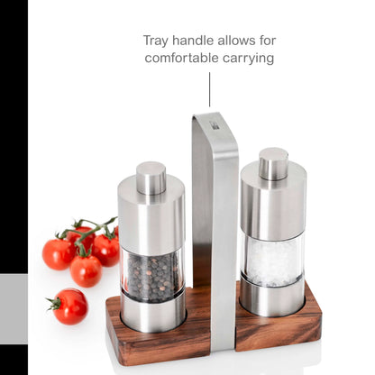 AdHoc Menage Classic Salt & Pepper Mill Gift Set with Acacia Wood Carrying Tray