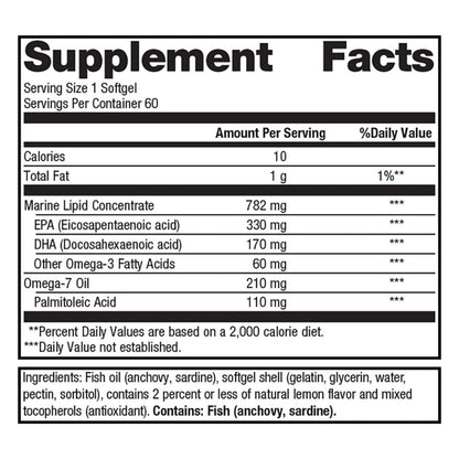 Metagenics OmegaGenics Mega 10 Omega 3 and Omega 7 Fish Oil Daily Supplement to Help Support Cardiovascular Health and Immune Function - Lemon Flavor, 60 Count