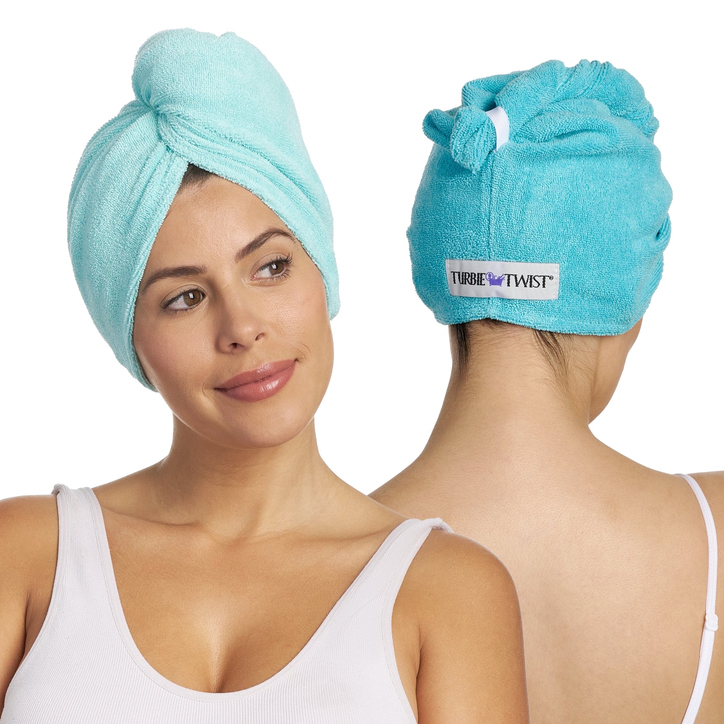 Turbie Twist Microfiber Hair Towel Wrap for Women and Men | 2 Pack | Bathroom Essential Accessories | Quick Dry Hair Turban for Drying Curly, Long & Thick Hair (Dark Aqua, Light Aqua)