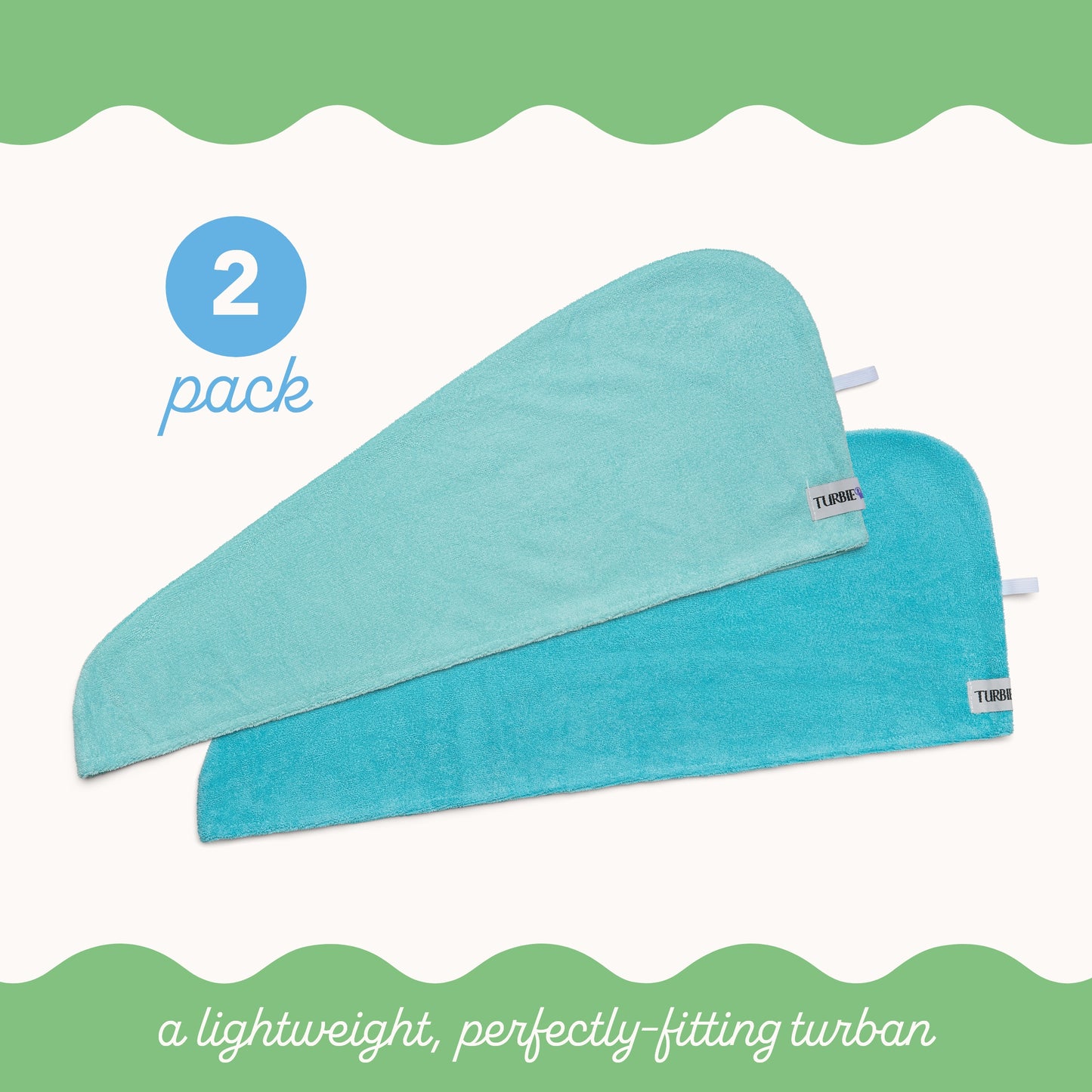 Turbie Twist Microfiber Hair Towel Wrap for Women and Men | 2 Pack | Bathroom Essential Accessories | Quick Dry Hair Turban for Drying Curly, Long & Thick Hair (Dark Aqua, Light Aqua)