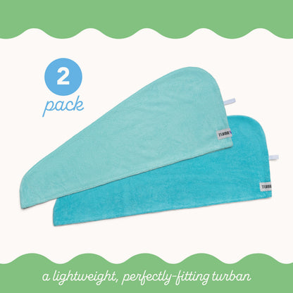 Turbie Twist Microfiber Hair Towel Wrap for Women and Men | 2 Pack | Bathroom Essential Accessories | Quick Dry Hair Turban for Drying Curly, Long & Thick Hair (Dark Aqua, Light Aqua)