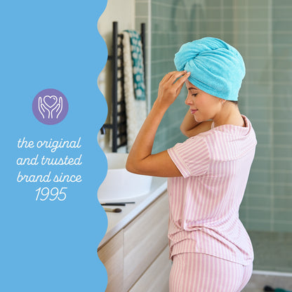 Turbie Twist Microfiber Hair Towel Wrap for Women and Men | 2 Pack | Bathroom Essential Accessories | Quick Dry Hair Turban for Drying Curly, Long & Thick Hair (Dark Aqua, Light Aqua)