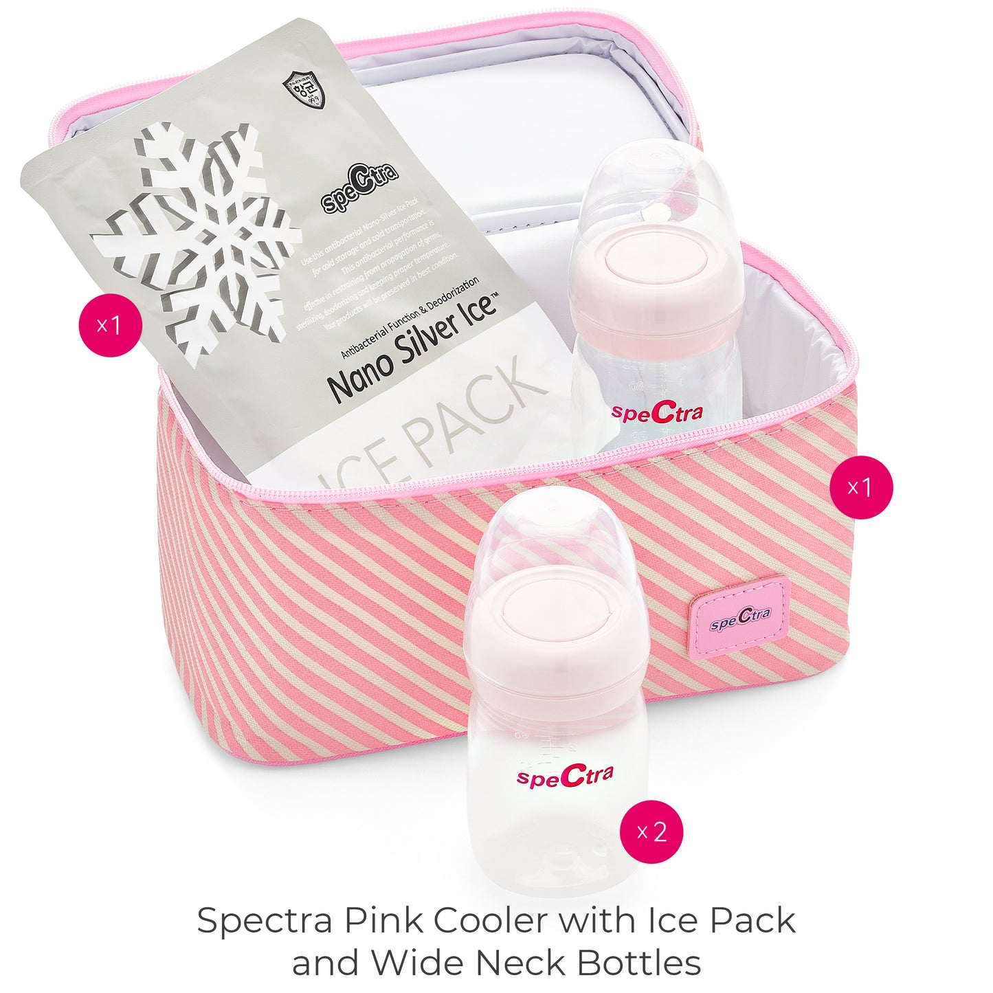 Spectra - Cooler Bag Storage Kit for Breast Milk - Pink (Ice Pack and 2 Wide Neck Bottles)