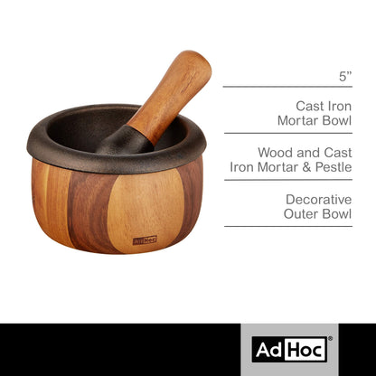 AdHoc Crush Cast Iron and Acacia Wood Mortar & Pestle, 3 lb.