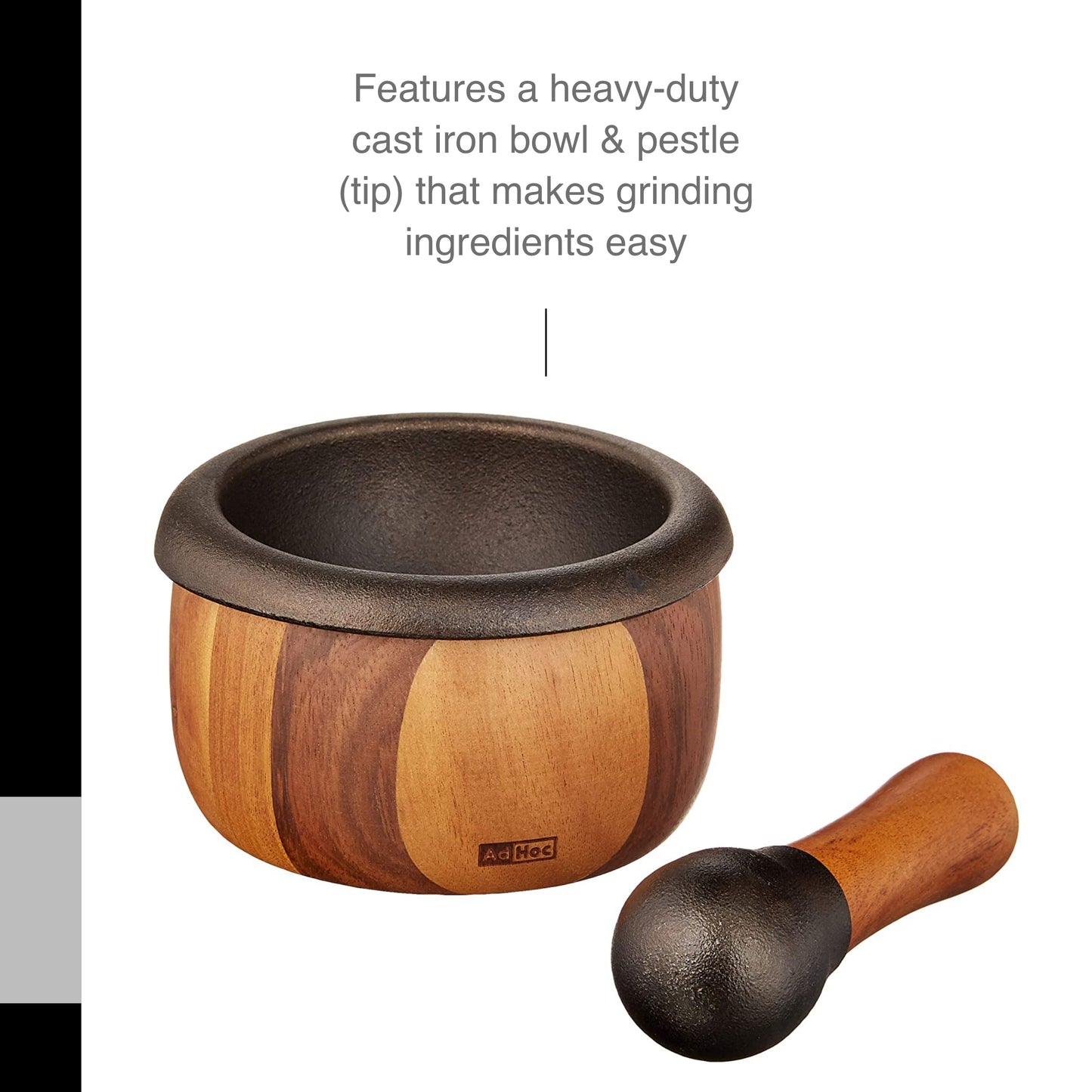 AdHoc Crush Cast Iron and Acacia Wood Mortar & Pestle, 3 lb.