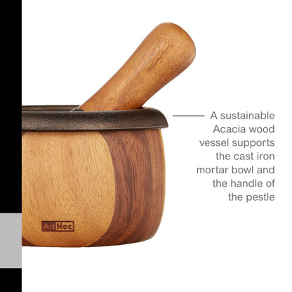 AdHoc Crush Cast Iron and Acacia Wood Mortar & Pestle, 3 lb.