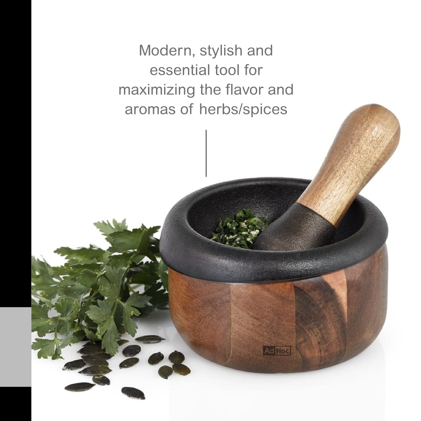 AdHoc Crush Cast Iron and Acacia Wood Mortar & Pestle, 3 lb.