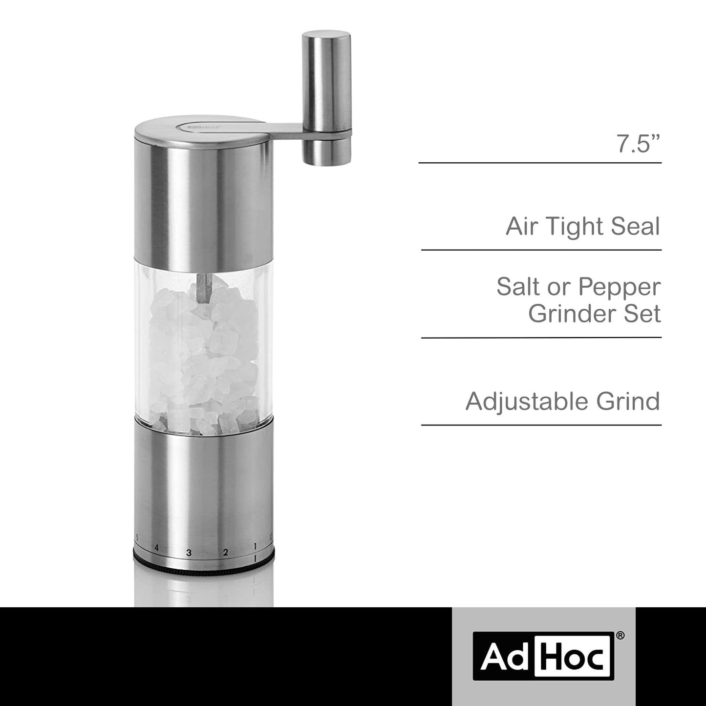 AdHoc Geared Stainless Steel Salt & Pepper Mill, 7.5"