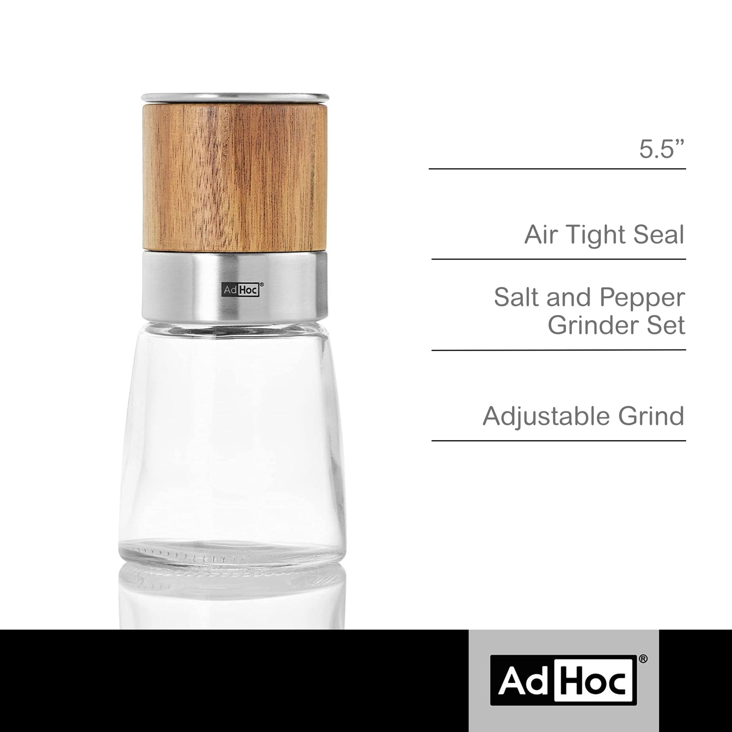 AdHoc Acacia Wood/Glass Salt & Pepper Mill, Unfilled, 5.5", Brown,MP99US