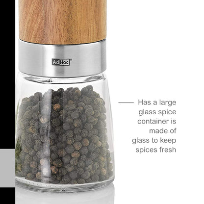 AdHoc Acacia Wood/Glass Salt & Pepper Mill, Unfilled, 5.5", Brown,MP99US