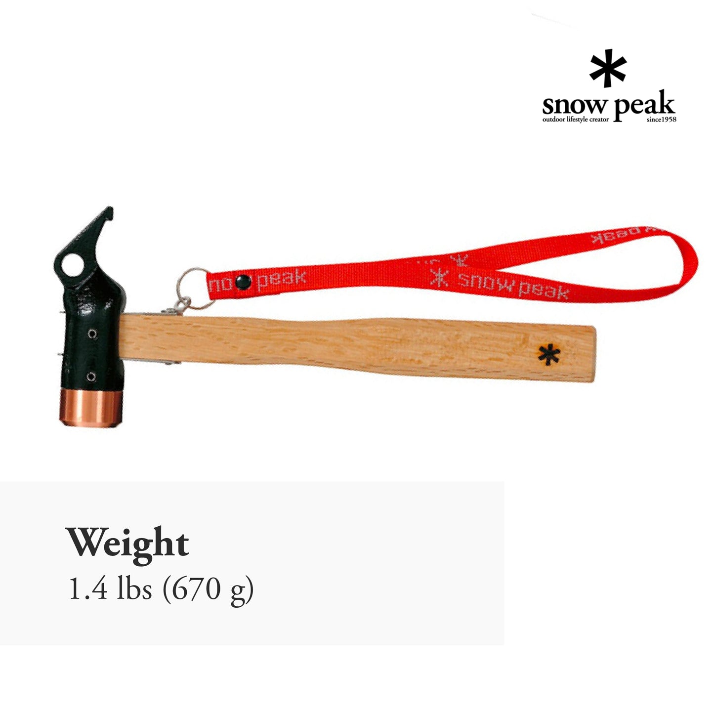 Snow Peak Copper Head Peg Hammer - Handles Tent Stakes - Wood Handle - Forged Steel - 1.4 lbs