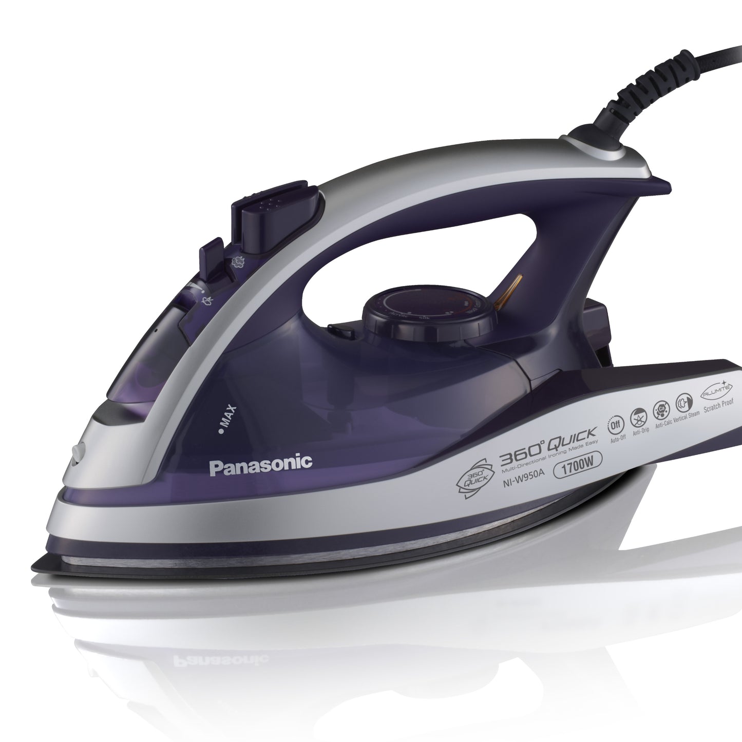 Panasonic Dry and Steam Iron with Alumite Soleplate, Fabric Temperature Dial and Safety Auto Shut Off ‚Äì 1700 Watt Multi Directional Iron ‚Äì NI-W950A, Purple
