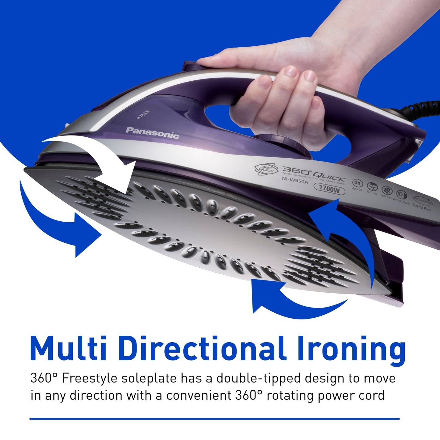 Panasonic Dry and Steam Iron with Alumite Soleplate, Fabric Temperature Dial and Safety Auto Shut Off ‚Äì 1700 Watt Multi Directional Iron ‚Äì NI-W950A, Purple