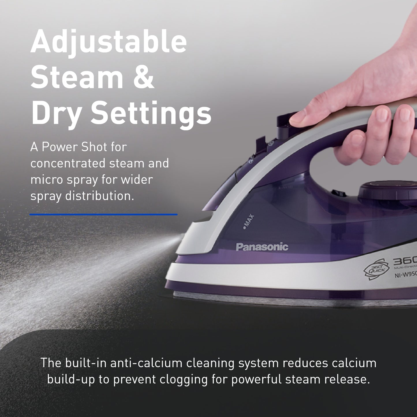 Panasonic Dry and Steam Iron with Alumite Soleplate, Fabric Temperature Dial and Safety Auto Shut Off ‚Äì 1700 Watt Multi Directional Iron ‚Äì NI-W950A, Purple