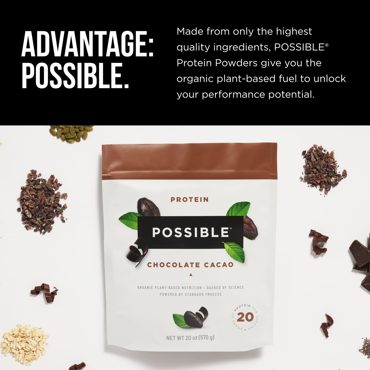 Possible Protein Powder Chocolate Cacao - 20 Grams Vegan Plant-Based Protein Mix, Non-GMO, Organic, Non-Dairy - 15-day supply