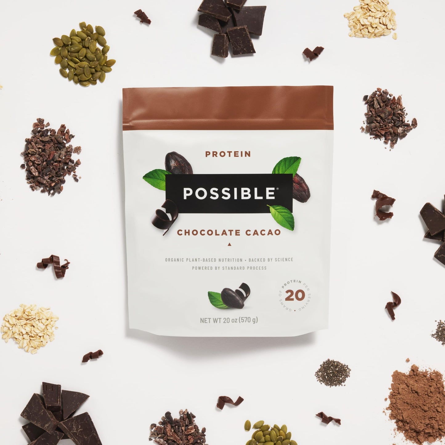 Possible Protein Powder Chocolate Cacao - 20 Grams Vegan Plant-Based Protein Mix, Non-GMO, Organic, Non-Dairy - 15-day supply