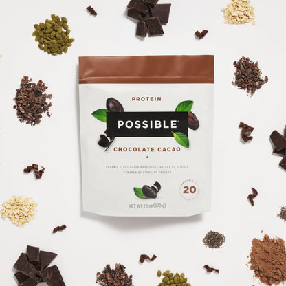 Possible Protein Powder Chocolate Cacao - 20 Grams Vegan Plant-Based Protein Mix, Non-GMO, Organic, Non-Dairy - 15-day supply