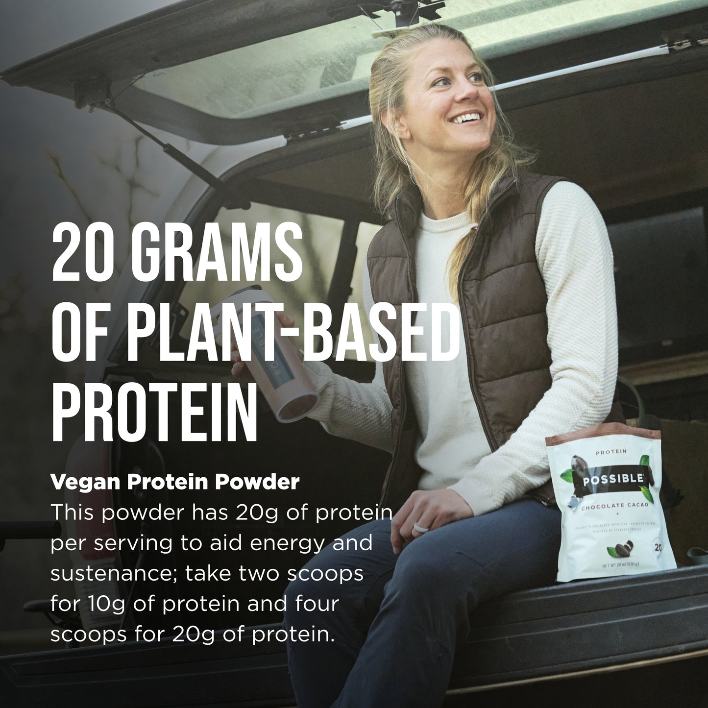 Possible Protein Powder Chocolate Cacao - 20 Grams Vegan Plant-Based Protein Mix, Non-GMO, Organic, Non-Dairy - 15-day supply